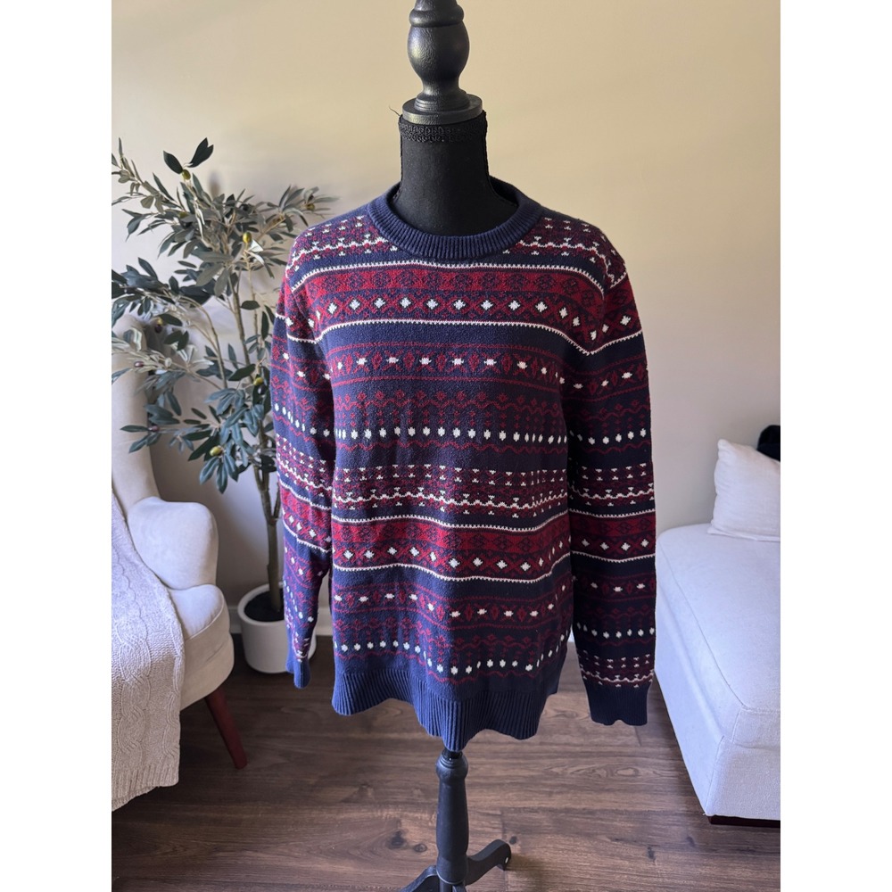 Merona Mens Fair Isle Crew Neck Sweater Navy Blue Burgundy Red Size Medium